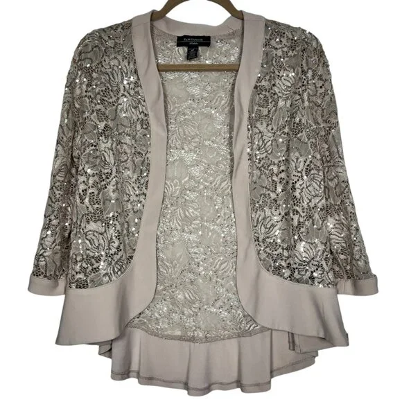 R&M Richards Womens 2 Piece Ruffled Lace Jacket & Dress Champagne Size 6P - Picture 12 of 16